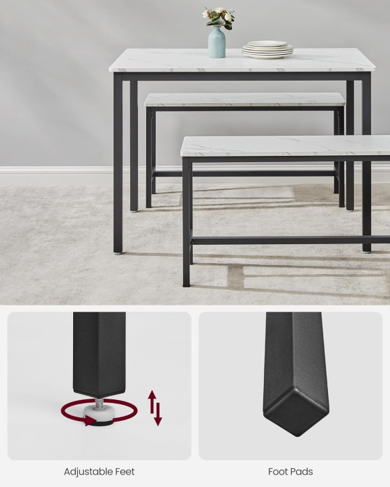 VASAGLE Masa de bar cu 2 banci, design industrial, 110x70x75 cm, alb marmura [5]