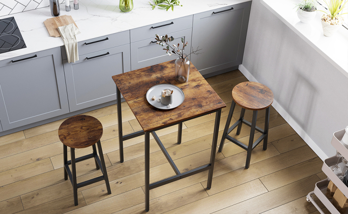 VASAGLE  Masa de bar pentru bucatarie, patrata, inalta, cadru de otel, 60x60x92cm, stil industrial, maro rustic si negru [12]