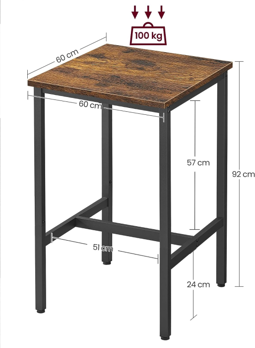 VASAGLE  Masa de bar pentru bucatarie, patrata, inalta, cadru de otel, 60x60x92cm, stil industrial, maro rustic si negru [3]