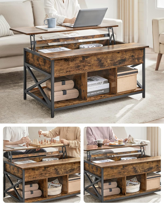 Masa de cafea cu inaltime reglabila, spatiu de depozitare ascuns, 60x100x(48-62) cm, maro rustic [5]