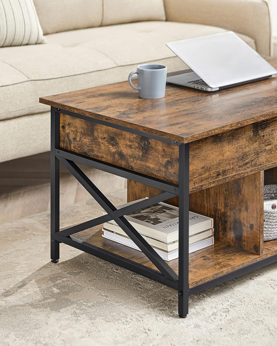 Masa de cafea cu inaltime reglabila, spatiu de depozitare ascuns, 60x100x(48-62) cm, maro rustic [4]