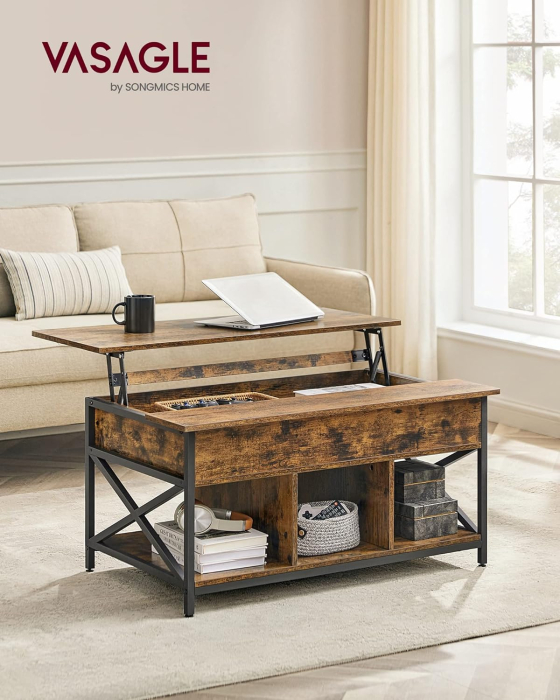 Masa de cafea cu inaltime reglabila, spatiu de depozitare ascuns, 60x100x(48-62) cm, maro rustic [6]