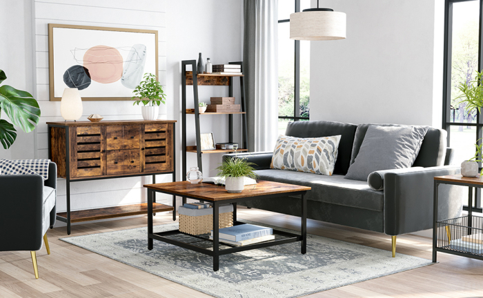 VASAGLE Masa de cafea patrata, cadru otel si polita de depozitare, stil industrial, 80x80x45cm, maro rustic si negru [7]