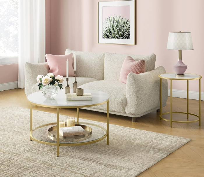 Masa de cafea rotunda cu blat din imitatie de marmura, polita suplimentara din sticla, 80x45cm, alb si auriu [7]