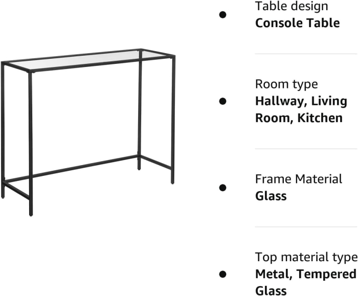 VASAGLE Masa de intrare, blat din sticla securizata, cadru din metal, pentru sufragerie, 100x35x80cm, negru [8]