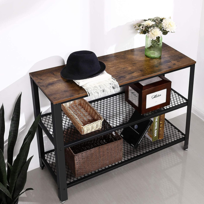 Masa de intrare, cadru metalic cu 3 polite din MDF, 35x102x80cm, maro rustic si negru [4]