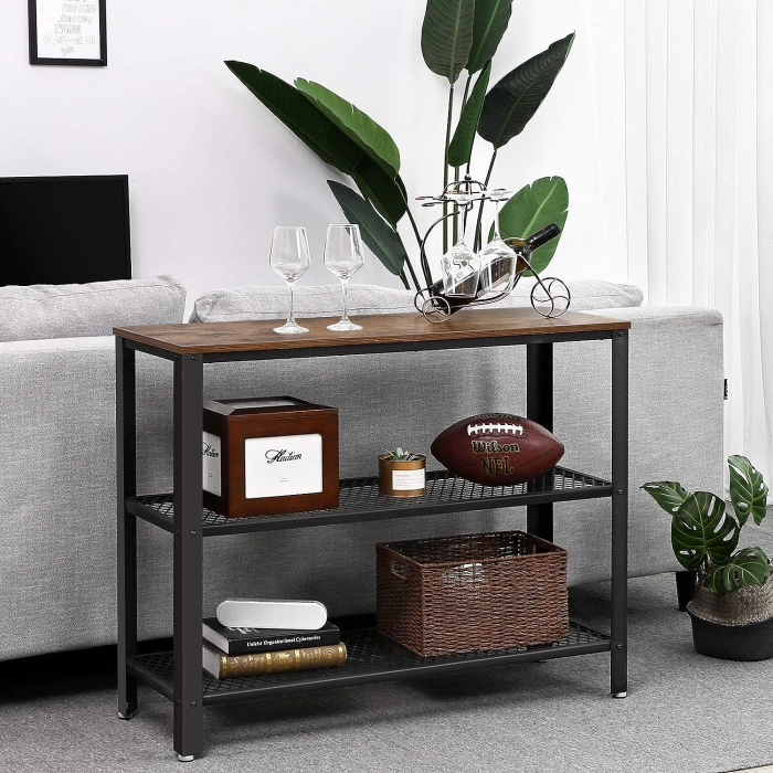 Masa de intrare, cadru metalic cu 3 polite din MDF, 35x102x80cm, maro rustic si negru [3]