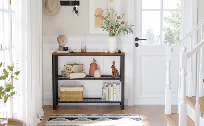 Masa de intrare, cadru metalic cu 3 polite din MDF, 35x102x80cm, maro rustic si negru [6]