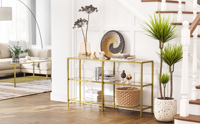 VASAGLE Masa de intrare, pe 3 nivele, blat din sticla securizata, cadru metalic, 30x130x73cm, auriu [11]