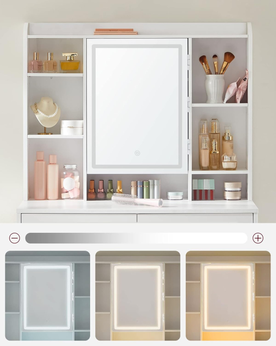 Masa de toaleta cu oglinda, iluminare LED reglabila, 2 sertare, 90x40x145cm, alb [7]