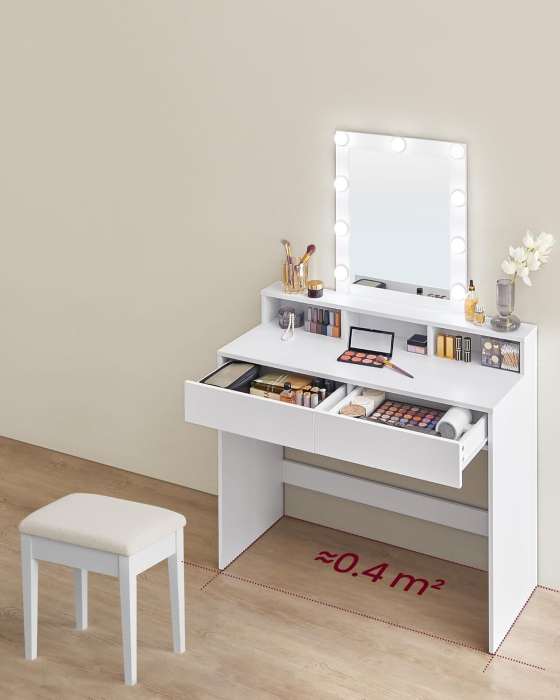 Masa de toaleta cu oglinda LED cu luminozitate reglabila, 2 sertare si 3 compartimente, 100x40x145 cm, alb [7]