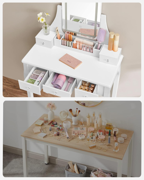 VASAGLE Masa de toaleta cu taburet, oglinda rotativa 360°, iluminare LED reglabila, 80x40x138 cm, alb [7]