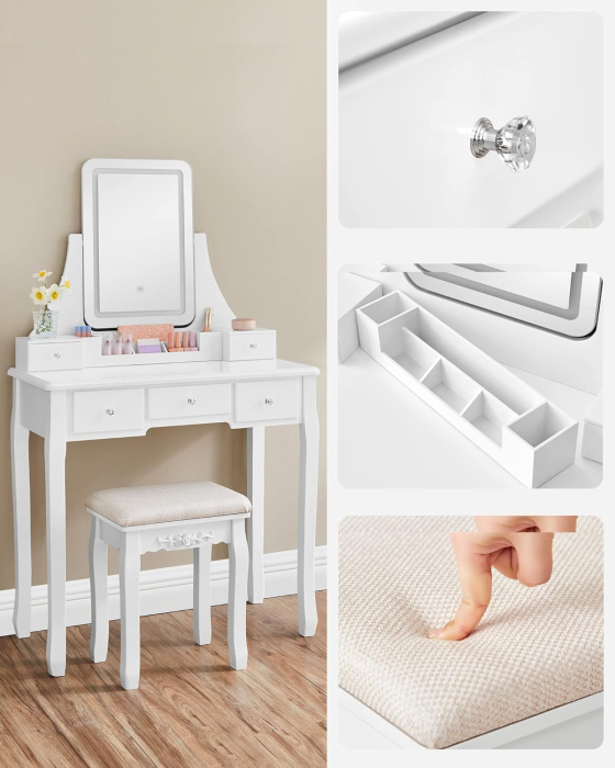 VASAGLE Masa de toaleta cu taburet, oglinda rotativa 360°, iluminare LED reglabila, 80x40x138 cm, alb [9]