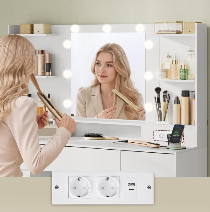 Masa de toaleta Kailyn cu oglinda, iluminare LED reglabila, priza integrata AC si USB, fronturi MDF, 40x107x144 cm, alb [5]