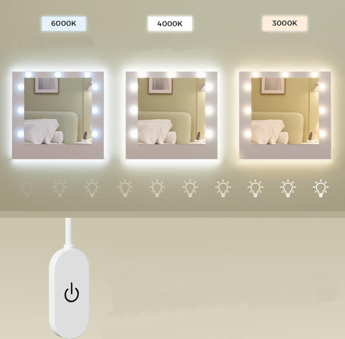 Masa de toaleta Kailyn cu oglinda, iluminare LED reglabila, priza integrata AC si USB, fronturi MDF, 40x107x144 cm, alb [4]