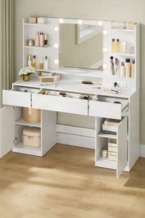 Masa de toaleta Kailyn cu oglinda, iluminare LED reglabila, priza integrata AC si USB, fronturi MDF, 40x107x144 cm, alb [6]