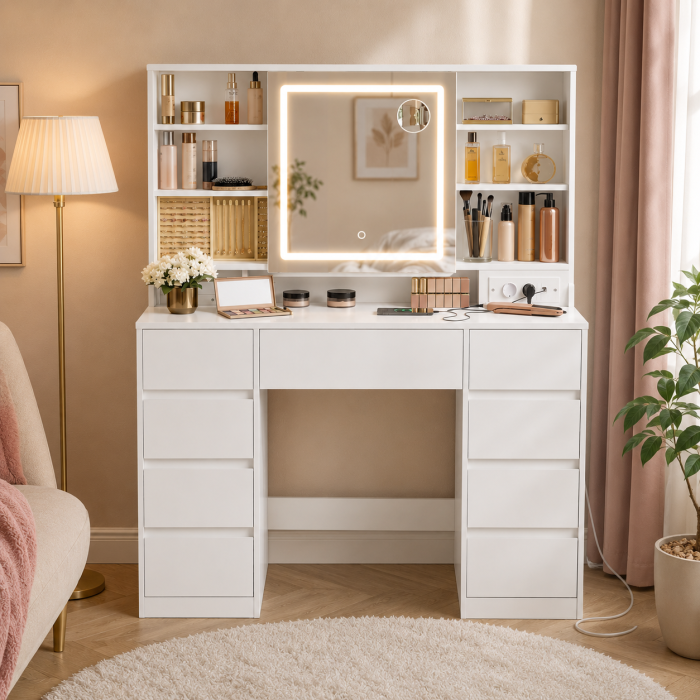 Masa de toaleta Kailyn cu oglinda LED, 9 sertare, MDF, priza incorporata, oglinda zoom detasabila, 110x40x142 cm, alb [2]