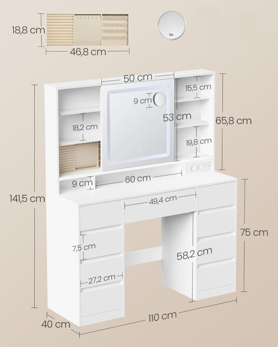 Masa de toaleta Kailyn cu oglinda LED, 9 sertare, MDF, priza incorporata, oglinda zoom detasabila, 110x40x142 cm, alb [3]