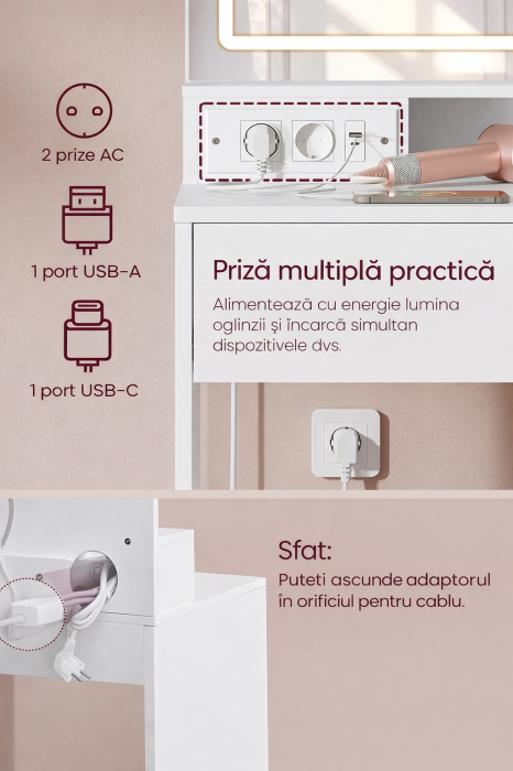 Masa de toaleta Kailyn cu oglinda LED si priza integrata, porturi USB, sertar, rafturi si dulap, PAL, 80x40x132 cm, alb [8]