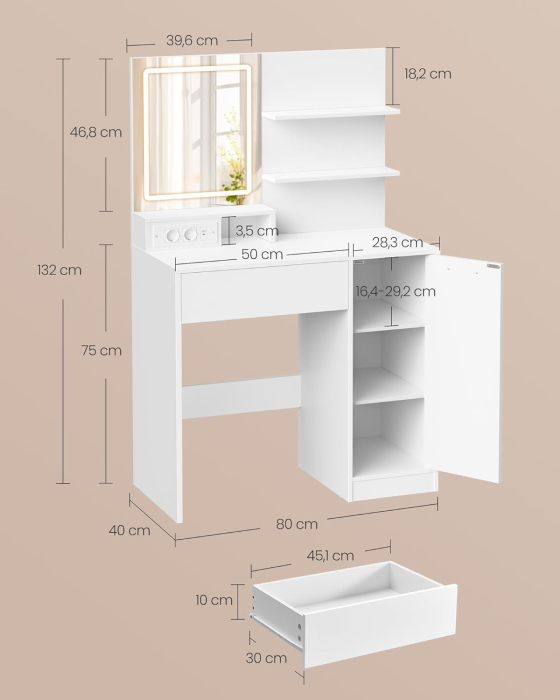 Masa de toaleta Kailyn cu oglinda LED si priza integrata, porturi USB, sertar, rafturi si dulap, PAL, 80x40x132 cm, alb [7]