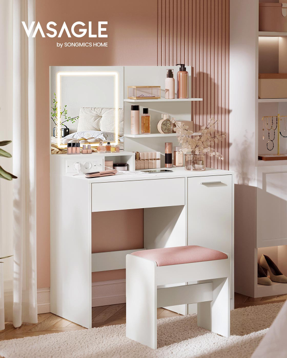 Masa de toaleta Kailyn cu oglinda LED si priza integrata, porturi USB, sertar, rafturi si dulap, PAL, 80x40x132 cm, alb [3]