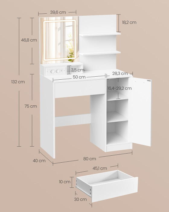Masa de toaleta Kailyn cu oglinda LED si priza integrata, porturi USB, sertar, rafturi si dulap, PAL, 80x40x132 cm, alb [4]