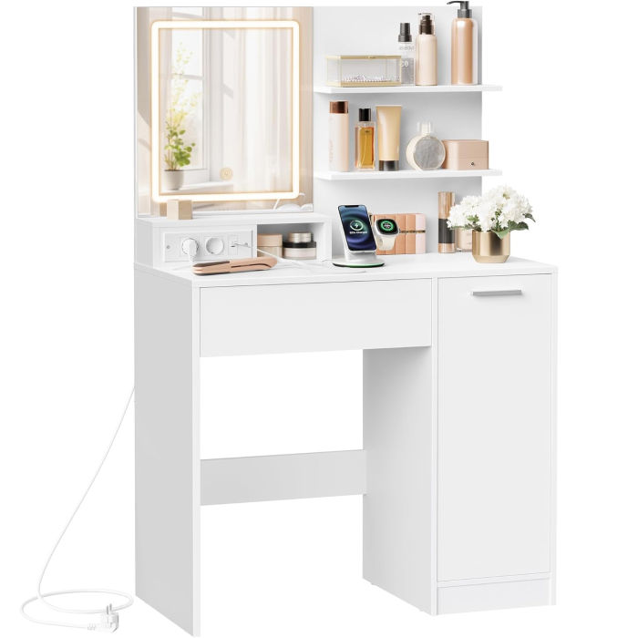 Masa de toaleta Kailyn cu oglinda LED si priza integrata, porturi USB, sertar, rafturi si dulap, PAL, 80x40x132 cm, alb [2]