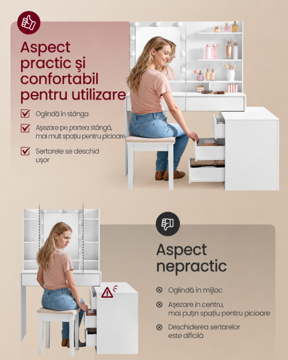 Masa de toaleta Kailyn modulara cu oglinda, 9 becuri LED iluminare reglabila, 8 sertare, priza si USB, montaj drept sau in L, alb [3]
