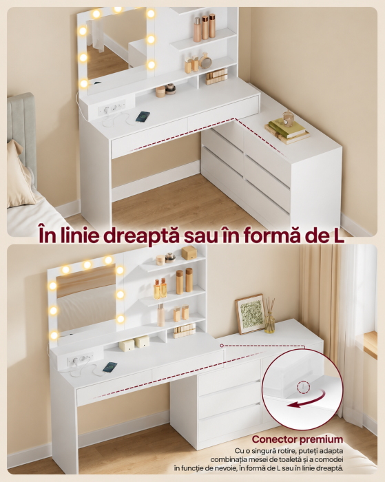 Masa de toaleta Kailyn modulara cu oglinda, 9 becuri LED iluminare reglabila, 8 sertare, priza si USB, montaj drept sau in L, alb [7]