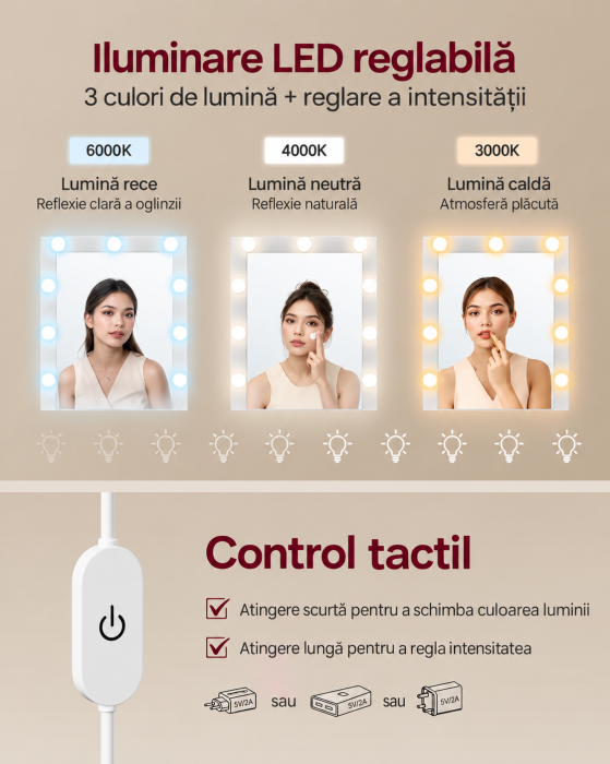 Masa de toaleta Kailyn modulara cu oglinda, 9 becuri LED iluminare reglabila, 8 sertare, priza si USB, montaj drept sau in L, alb [6]