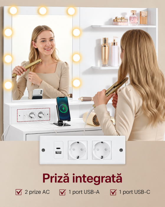 Masa de toaleta Kailyn modulara cu oglinda, 9 becuri LED iluminare reglabila, 8 sertare, priza si USB, montaj drept sau in L, alb [4]