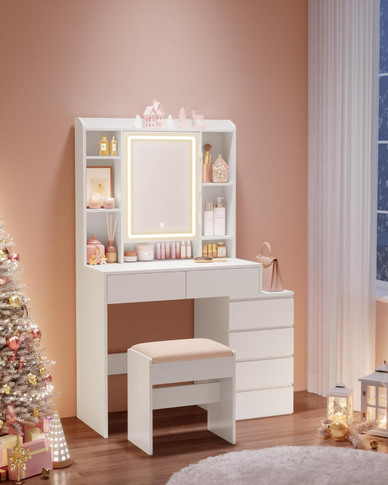 Masa de toaleta Kailyn, oglinda LED cu iluminare reglabila, 6 sertare, 40x98x145 cm, alb [5]