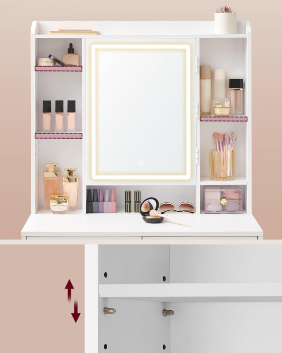 Masa de toaleta Kailyn, oglinda LED cu iluminare reglabila, 6 sertare, 40x98x145 cm, alb [6]