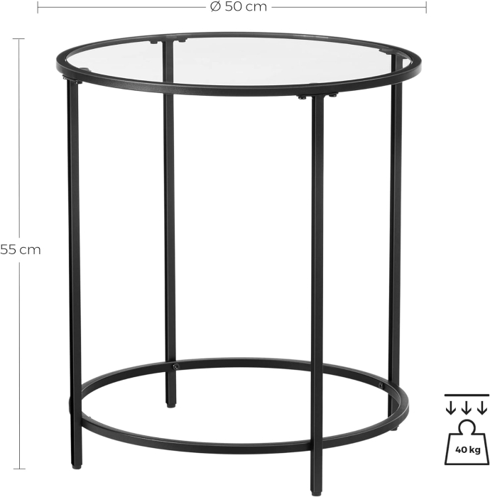 VASAGLE Masa rotunda, din sticla securizata cu cadru de otel, noptiera, 50x50x55cm, negru [4]
