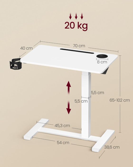 Masa tip birou, ajustabila cu roti pentru pat sau canapea, blat 70x40 cm, inaltime reglabila 65-102 cm, alb [3]