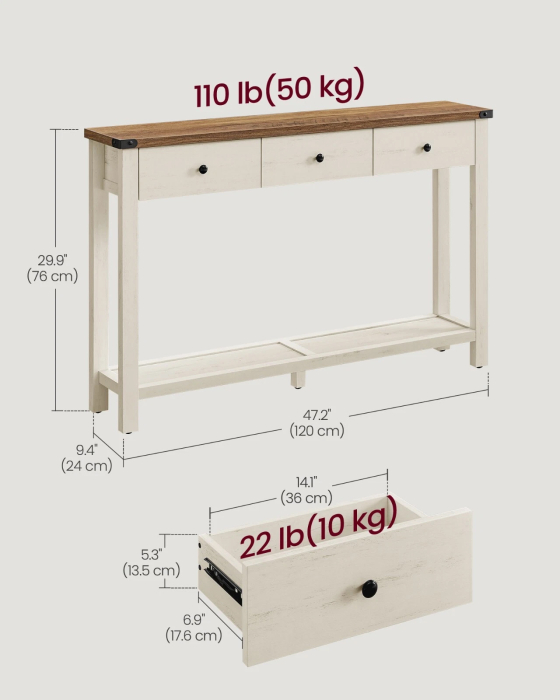 Masa tip consola cu 3 sertare si raft inferior, MDF si lemn masiv cu aspect hambar, 120x24x76 cm, alb rustic si maro [4]