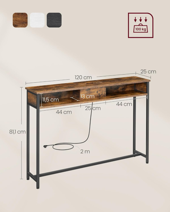 Masa tip consola ingusta, cu 2 prize si 2 porturi USB incorporate, 120x25x81 cm, maro rustic [2]