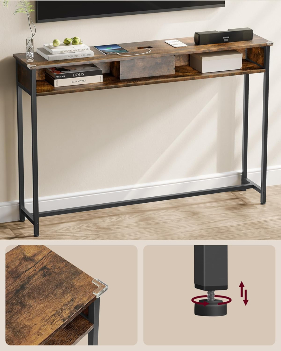 Masa tip consola ingusta, cu 2 prize si 2 porturi USB incorporate, 120x25x81 cm, maro rustic [5]
