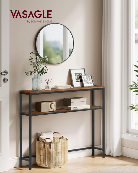 Masa tip consola ingusta cu 2 rafturi, cadru metalic, stil industrial, 100x20x80 cm, maro rustic [3]