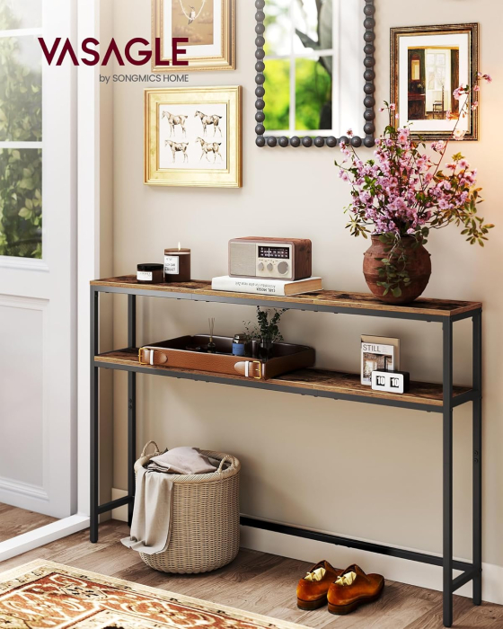 Masa tip consola ingusta cu 2 rafturi, cadru metalic, stil industrial, 120x20x80 cm, maro rustic [6]