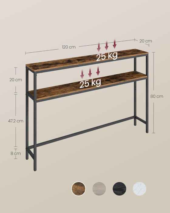 Masa tip consola ingusta cu 2 rafturi, cadru metalic, stil industrial, 120x20x80 cm, maro rustic [2]