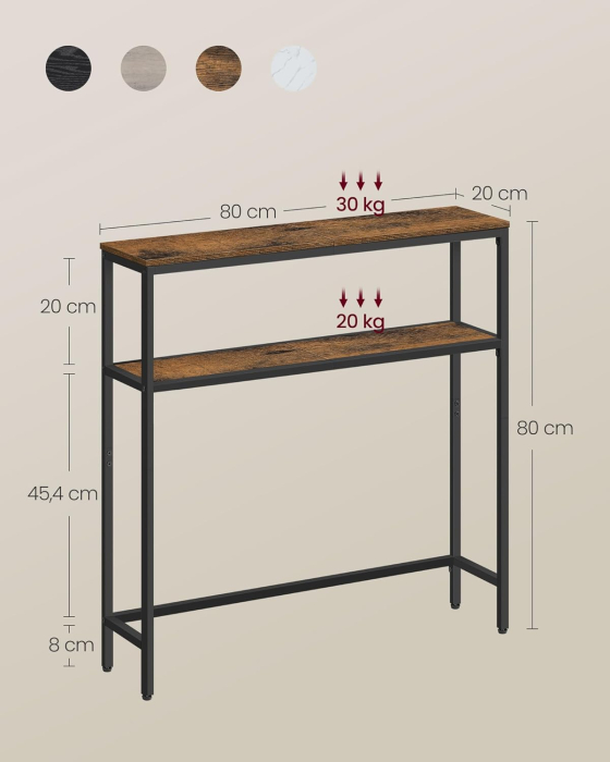Masa tip consola ingusta cu 2 rafturi, cadru metalic, stil industrial, 80x20x80 cm, maro rustic [2]