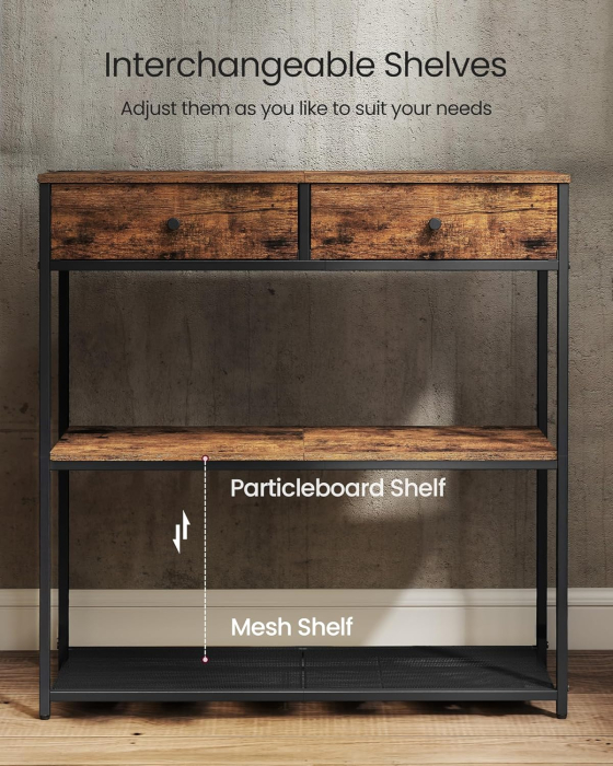 Masa tip consola ingusta cu 2 sertare textile si 3 niveluri, cadru metalic, stil industrial, 76x24x80 cm, maro rustic [4]