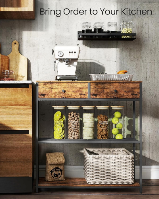 Masa tip consola ingusta cu 2 sertare textile si 3 niveluri, cadru metalic, stil industrial, 76x24x80 cm, maro rustic [3]