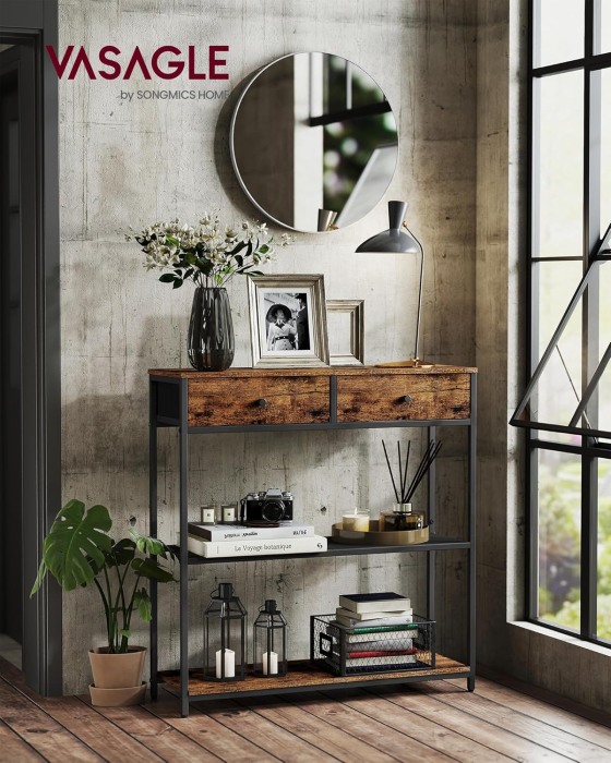 Masa tip consola ingusta cu 2 sertare textile si 3 niveluri, cadru metalic, stil industrial, 76x24x80 cm, maro rustic [2]
