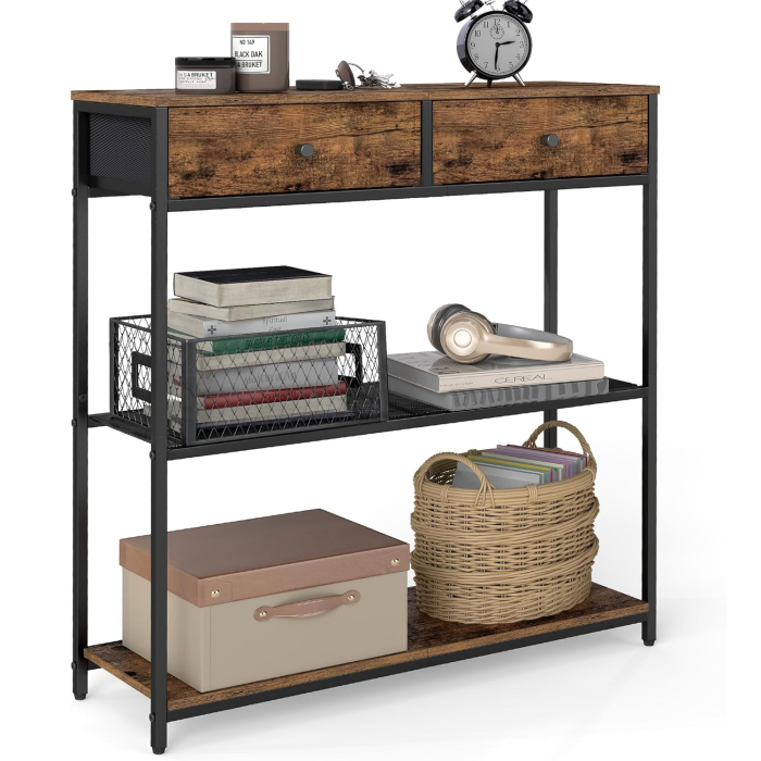 Masa tip consola ingusta cu 2 sertare textile si 3 niveluri, cadru metalic, stil industrial, 76x24x80 cm, maro rustic [7]