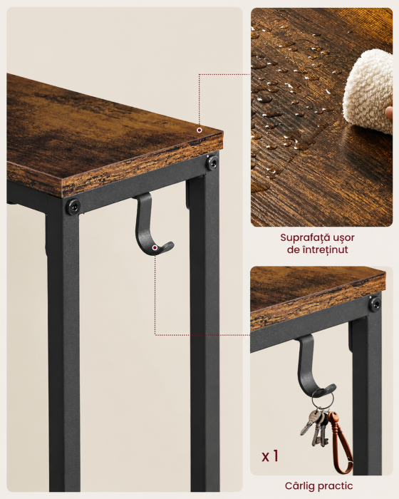 Masa tip consola ingusta cu statie de incarcare, prize si porturi USB, cadru metalic, 100x15x80 cm, maro rustic [3]