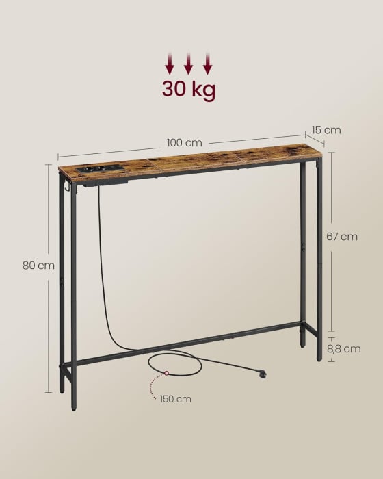 Masa tip consola ingusta cu statie de incarcare, prize si porturi USB, cadru metalic, 100x15x80 cm, maro rustic [2]