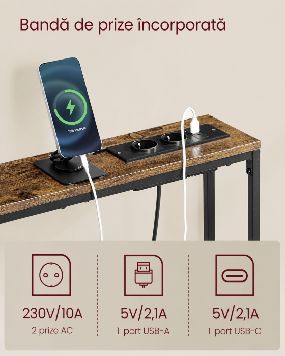 Masa tip consola ingusta cu statie de incarcare, prize si porturi USB, cadru metalic, 100x15x80 cm, maro rustic [5]