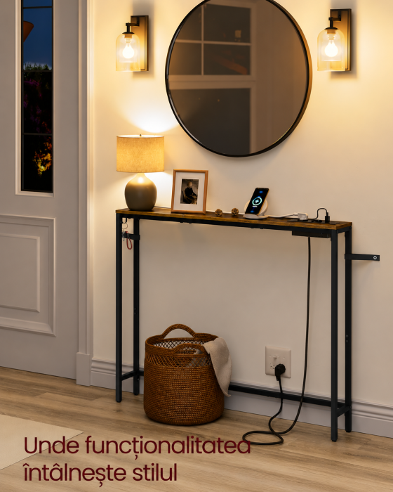 Masa tip consola ingusta cu statie de incarcare, prize si porturi USB, cadru metalic, 100x15x80 cm, maro rustic [6]
